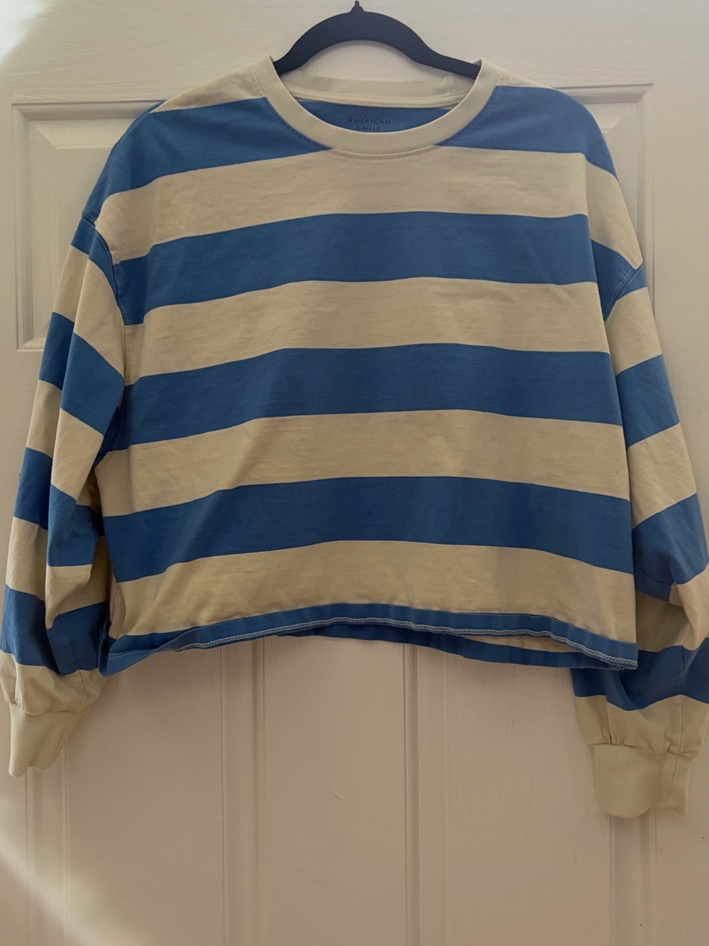 American Eagle Light Blue and Cream Striped boxy Crew